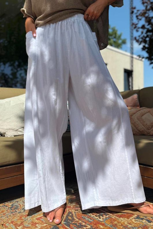 Rustic Nature Linen Blend Pocket Pleat Wide Leg White